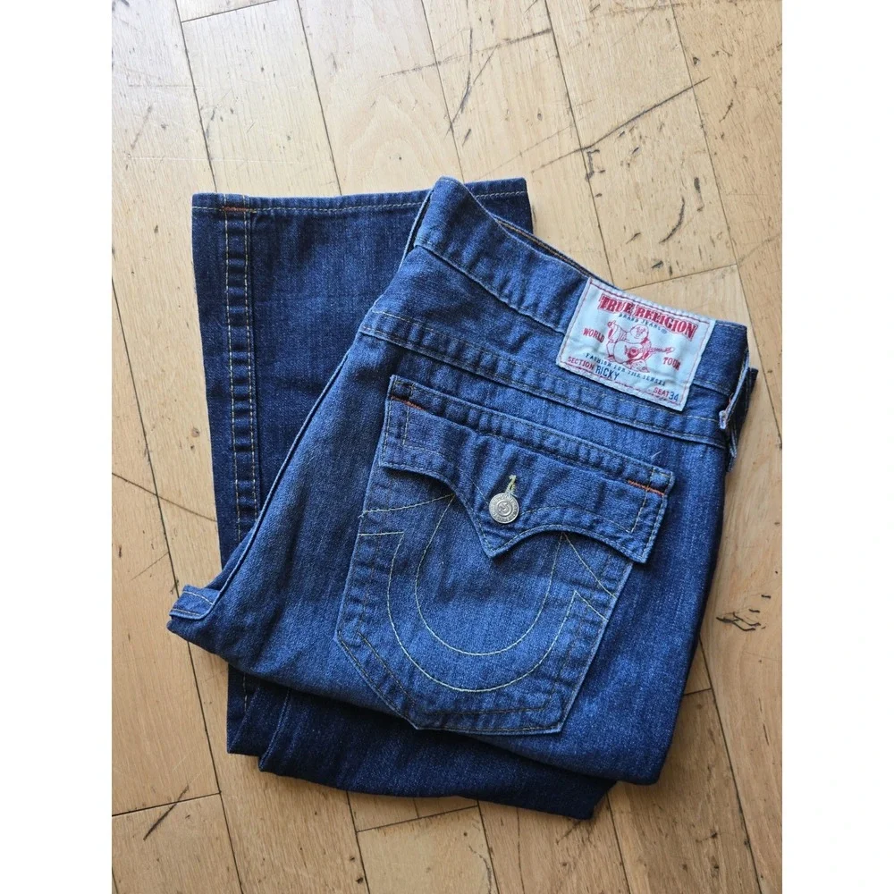Vintage True Religion Jeans Men 40x34 Ricky Flap Denim Pants Made USA World Tour